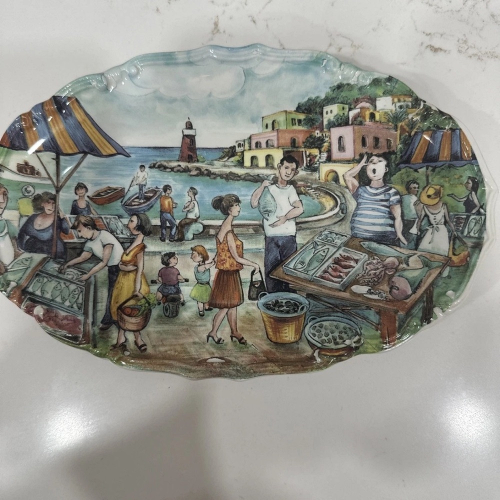 Designed By Brunelli Made In Italy Fish Market Scene Oval Plate 9” See All Pics
